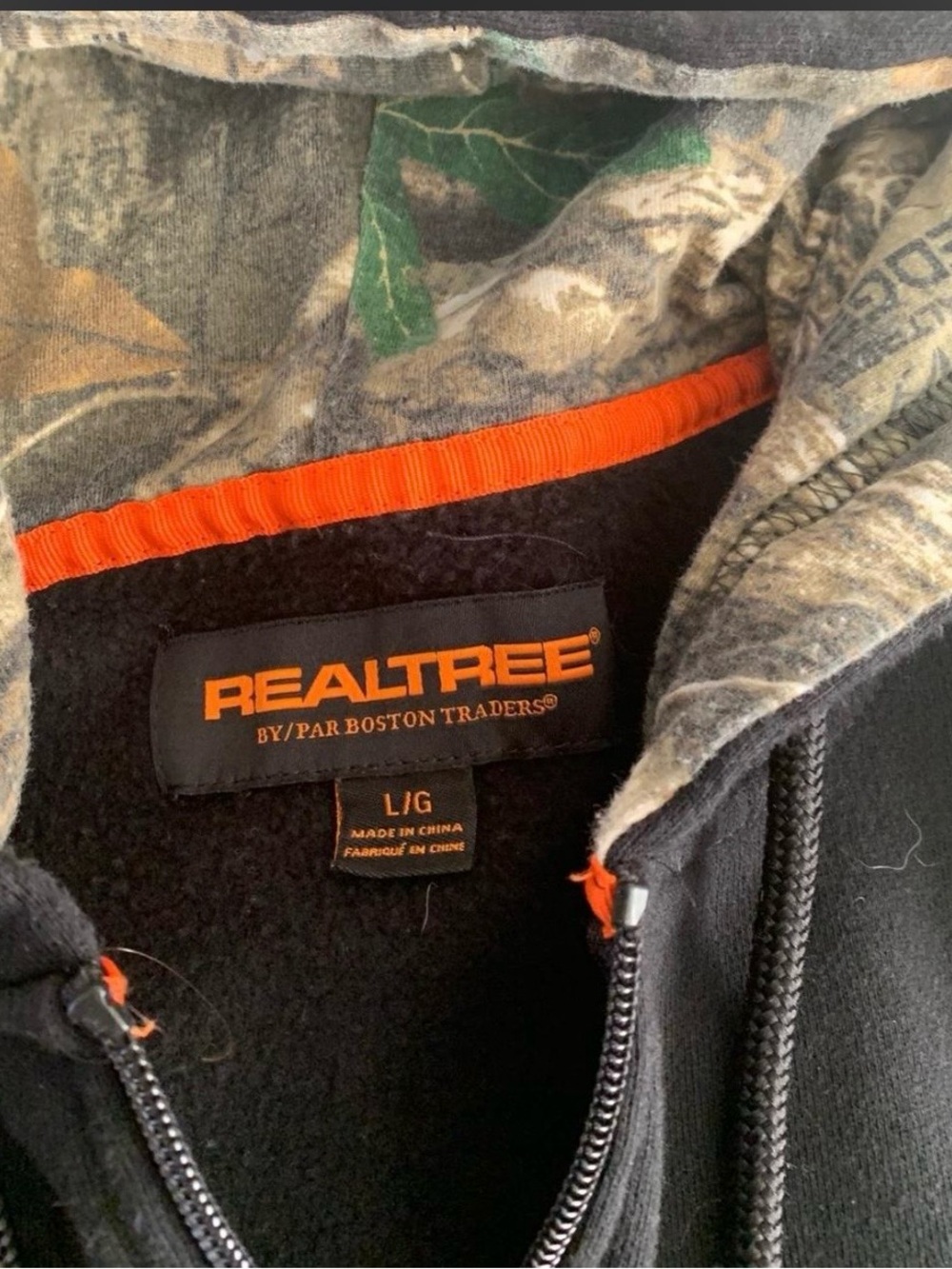 Realtree Zip Up Black Hoodie with Orange Accents and Camo Lining - Picture 3 of 5